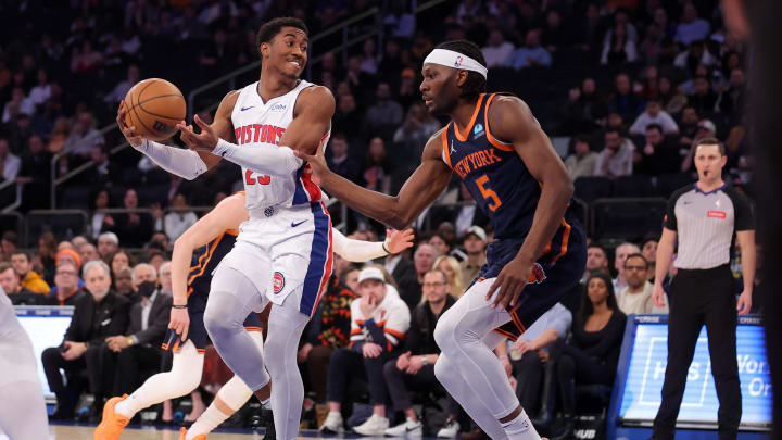Feb 26, 2024; New York, New York, USA; Detroit Pistons guard Jaden Ivey (23) looks to pass the ball against New York Knicks forward Precious Achiuwa (5) during the first quarter at Madison Square Garden. Mandatory Credit: Brad Penner-USA TODAY Sports Feb 26, 2024; New York, New York, USA; Detroit Pistons guard Jaden Ivey (23) looks to pass the ball against New York Knicks forward Precious Achiuwa (5) during the first quarter at Madison Square Garden. Mandatory Credit: Brad Penner-USA TODAY Sports