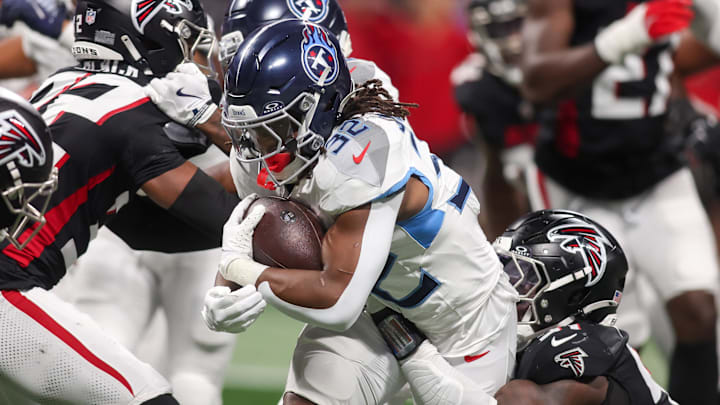 Tennessee Titans running back Jermar Jefferson runs the ball against the Atlanta Falcons. Mandatory Credit: Brett Davis-Imagn Images