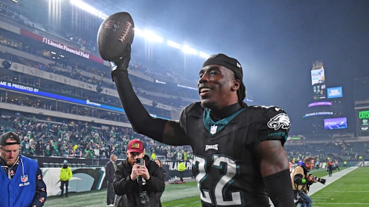 Dec 25, 2023; Philadelphia, Pennsylvania, USA; Philadelphia Eagles cornerback Kelee Ringo (22) runs off the field after win against the New York Giants at Lincoln Financial Field. Mandatory Credit: Eric Hartline-USA TODAY Sports Dec 25, 2023; Philadelphia, Pennsylvania, USA; Philadelphia Eagles cornerback Kelee Ringo (22) runs off the field after win against the New York Giants at Lincoln Financial Field. Mandatory Credit: Eric Hartline-USA TODAY Sports
