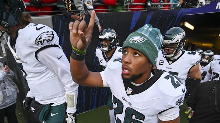Dec 1, 2024; Baltimore, Maryland, USA; Philadelphia Eagles running back Saquon Barkley (26) takes the field with teammates before the game against the Baltimore Ravens at M&T Bank Stadium. Dec 1, 2024; Baltimore, Maryland, USA; Philadelphia Eagles running back Saquon Barkley (26) takes the field with teammates before the game against the Baltimore Ravens at M&T Bank Stadium.