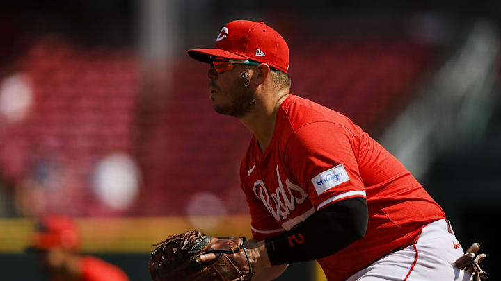 Cincinnati Reds first baseman Ty France (2) prepares for the pitch in the third inning against the Atlanta Braves at Great American Ball Park on Sept 19.