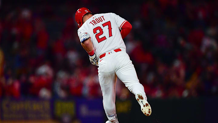 Sep 26, 2025; Anaheim, California, USA; Los Angeles Angels designated hitter Mike Trout (27) runs the bases after hitting a solo home run againast the Houston Astros during the eighth inning at Angel Stadium. Mandatory Credit: Gary A. Vasquez-Imagn Images