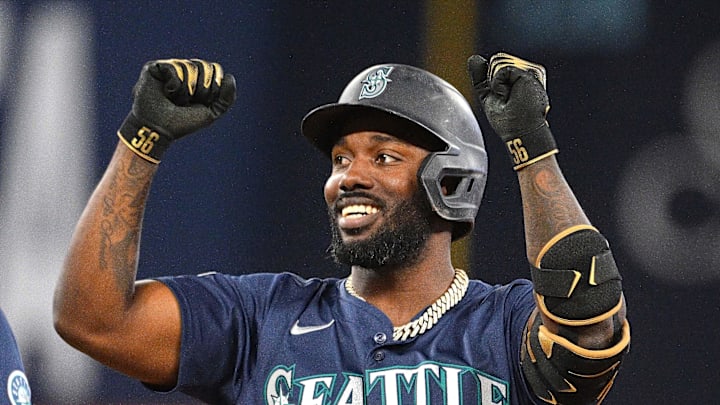 Seattle Mariners left fielder Randy Arozarena (56) celebrates after hitting a two RBI single against the Toronto Blue Jays in the second inning at Rogers Centre on April 20.
