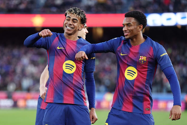 Lamine Yamal and Alejandro Balde in match action Lamine Yamal and Alejandro Balde in match action