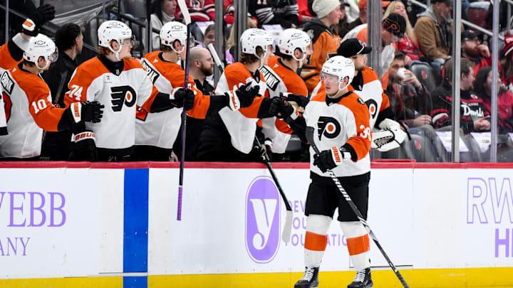 Nov 29, 2025; Newark, New Jersey, USA; Philadelphia Flyers right wing Matvei Michkov (39) celebrates with teammates after scoring a goal against the New Jersey Devils during the second period at Prudential Center. Mandatory Credit: John Jones-Imagn Images
