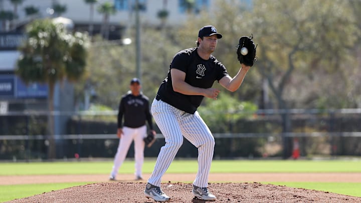 New York Yankees starting pitcher Gerrit Cole (45) participates in spring training workouts at George M. Steinbrenner Field on Feb. 15. New York Yankees starting pitcher Gerrit Cole (45) participates in spring training workouts at George M. Steinbrenner Field on Feb. 15.