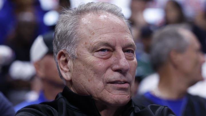 Apr 22, 2026; Detroit, Michigan, USA; Michigan State head basketball coach Tom Izzo watches during the first half of the game between the Detroit Pistons and the Orlando Magic during game two of the first round of the 2026 NBA Playoffs at Little Caesars Arena. Mandatory Credit: Rick Osentoski-Imagn Images