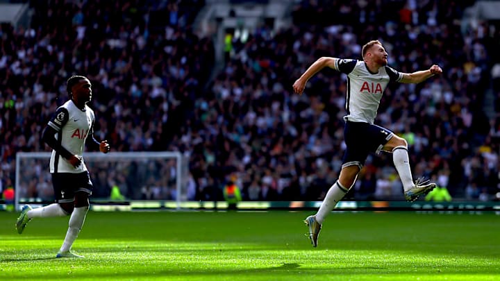 Dejan Kulusevski celebrates his goal against West Ham United - closely watched by Destiny Udogie 