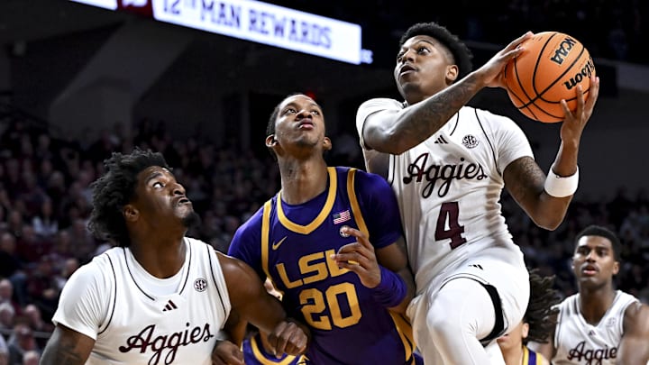 Jan 18, 2025; College Station, Texas, USA; Texas A&M Aggies guard Wade Taylor IV (4) drives to the basket during the first half against the LSU Tigers at Reed Arena. Mandatory Credit: Maria Lysaker-Imagn Images Jan 18, 2025; College Station, Texas, USA; Texas A&M Aggies guard Wade Taylor IV (4) drives to the basket during the first half against the LSU Tigers at Reed Arena. Mandatory Credit: Maria Lysaker-Imagn Images