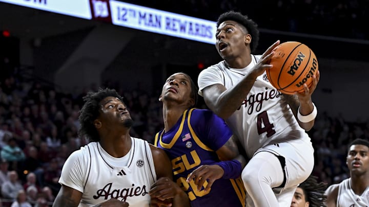 Jan 18, 2025; College Station, Texas, USA; Texas A&M Aggies guard Wade Taylor IV (4) drives to the basket during the first half against the LSU Tigers at Reed Arena. Mandatory Credit: Maria Lysaker-Imagn Images Jan 18, 2025; College Station, Texas, USA; Texas A&M Aggies guard Wade Taylor IV (4) drives to the basket during the first half against the LSU Tigers at Reed Arena. Mandatory Credit: Maria Lysaker-Imagn Images