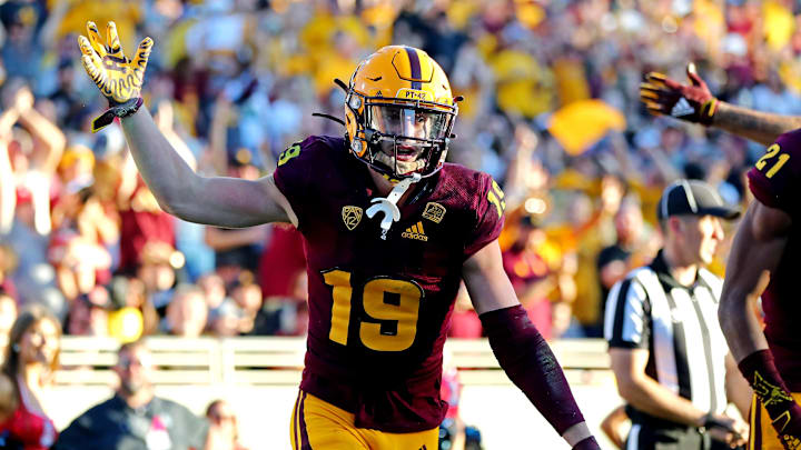 Nov 27, 2021; Tempe, Arizona, USA; Arizona State Sun Devils wide receiver Ricky Pearsall (19) celebrates scoring a touchdown during the second half against the Arizona Wildcats at Sun Devil Stadium. Mandatory Credit: Mark J. Rebilas-Imagn Images Nov 27, 2021; Tempe, Arizona, USA; Arizona State Sun Devils wide receiver Ricky Pearsall (19) celebrates scoring a touchdown during the second half against the Arizona Wildcats at Sun Devil Stadium. Mandatory Credit: Mark J. Rebilas-Imagn Images