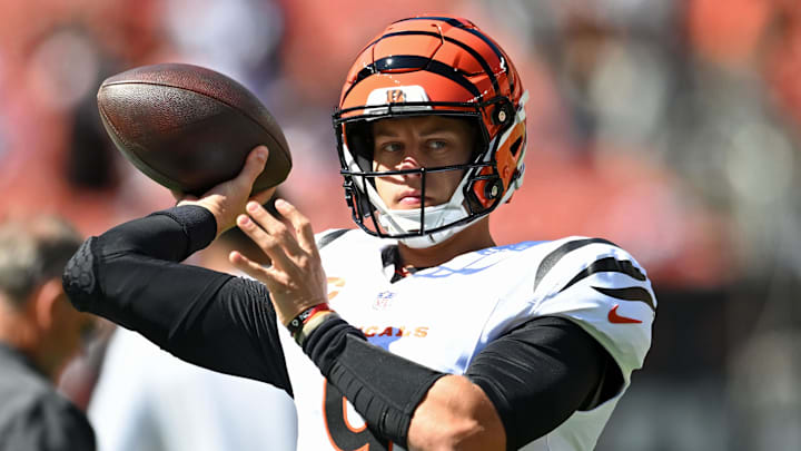 Cincinnati Bengals quarterback Joe Burrow (9) warms up before the game against the Cleveland Browns at Huntington Bank Field. 