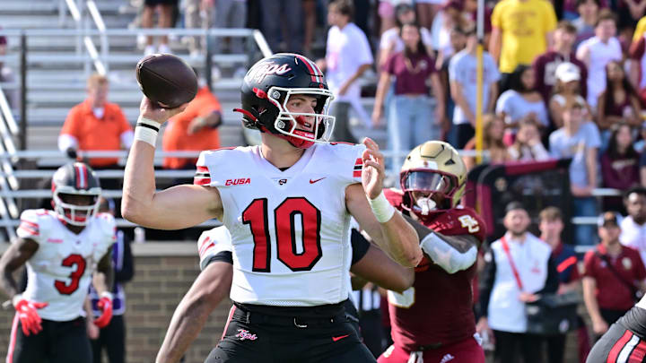 Sep 28, 2024; Chestnut Hill, Massachusetts, USA; Western Kentucky Hilltoppers quarterback Caden Veltkamp (10) throws a pass against the Boston College Eagles during the second half at Alumni Stadium. Mandatory Credit: Eric Canha-Imagn Images