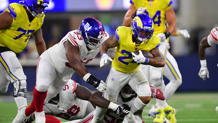 Sep 21, 2026; Inglewood, California, USA; Los Angeles Rams running back Blake Corum (24) runs against the New York Giants during the fourth quarter at SoFi Stadium. Sep 21, 2026; Inglewood, California, USA; Los Angeles Rams running back Blake Corum (24) runs against the New York Giants during the fourth quarter at SoFi Stadium.