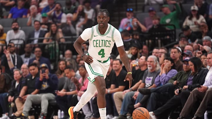 Mar 24, 2025; Sacramento, California, USA; Boston Celtics guard Jrue Holiday (4) dribbles the ball against the Sacramento Kings in the first quarter at the Golden 1 Center. Mandatory Credit: Cary Edmondson-Imagn Images Mar 24, 2025; Sacramento, California, USA; Boston Celtics guard Jrue Holiday (4) dribbles the ball against the Sacramento Kings in the first quarter at the Golden 1 Center. Mandatory Credit: Cary Edmondson-Imagn Images