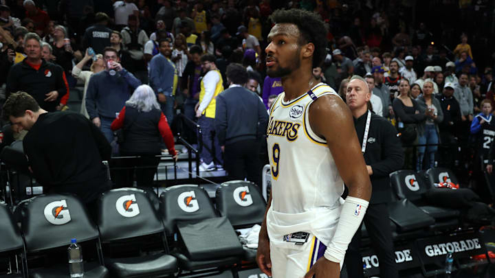 Apr 13, 2025; Portland, Oregon, USA; Los Angeles Lakers guard Bronny James (9) waits for his team to exit Moda Center after the Lakers were defeated by Portland Trail Blazers at Moda Center. Mandatory Credit: Jaime Valdez-Imagn Images