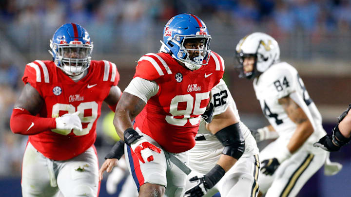 Oct 28, 2023; Oxford, Mississippi, USA; Mississippi Rebels defensive linemen Akelo Stone (95) during the first half against the Vanderbilt Commodores at Vaught-Hemingway Stadium. Mandatory Credit: Petre Thomas-Imagn Images Oct 28, 2023; Oxford, Mississippi, USA; Mississippi Rebels defensive linemen Akelo Stone (95) during the first half against the Vanderbilt Commodores at Vaught-Hemingway Stadium. Mandatory Credit: Petre Thomas-Imagn Images