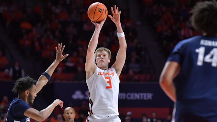 Jan 8, 2025; Champaign, Illinois, USA; Illinois Fighting Illini forward Ben Humrichous (3) shoots the ball during the first half against the Penn State Nittany Lions at State Farm Center. Mandatory Credit: Ron Johnson-Imagn Images Jan 8, 2025; Champaign, Illinois, USA; Illinois Fighting Illini forward Ben Humrichous (3) shoots the ball during the first half against the Penn State Nittany Lions at State Farm Center. Mandatory Credit: Ron Johnson-Imagn Images