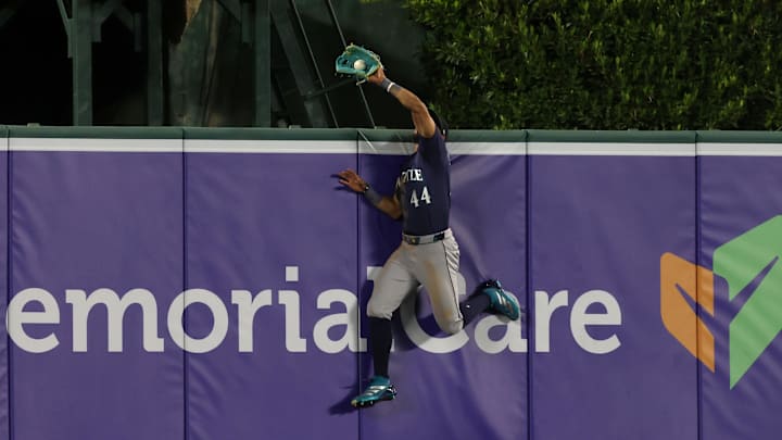 Seattle Mariners outfielder Julio Rodriguez (44) makes a catch during the sixth inning against the Los Angeles Angels at Angel Stadium on June 6.