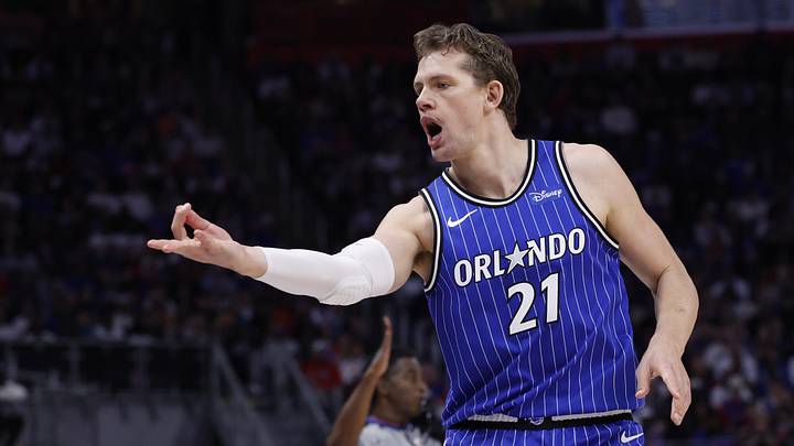 May 3, 2026; Detroit, Michigan, USA; Orlando Magic forward Moritz Wagner (21) celebrates a three point basket in the first half against the Detroit Pistons during game seven of the first round of the 2026 NBA Playoffs at Little Caesars Arena. Mandatory Credit: Rick Osentoski-Imagn Images