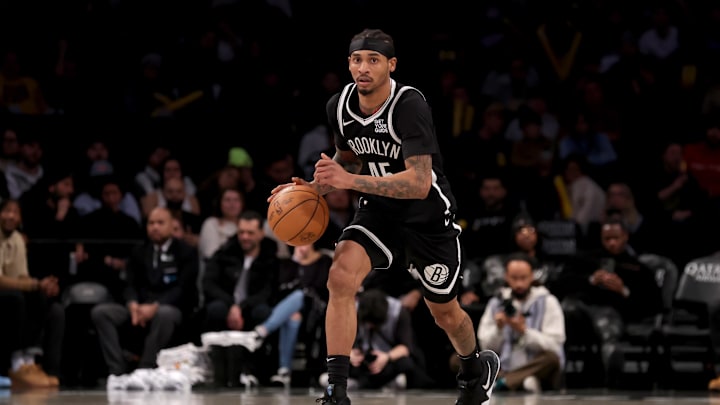 Jan 6, 2025; Brooklyn, New York, USA; Brooklyn Nets guard Keon Johnson (45) brings the ball up court against the Indiana Pacers during the fourth quarter at Barclays Center. Mandatory Credit: Brad Penner-Imagn Images