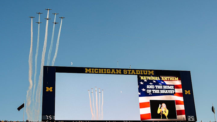 Fly over during national anthem before the game between Michigan and New Mexico at Michigan Stadium in Ann Arbor on Saturday, August 30, 2025. Fly over during national anthem before the game between Michigan and New Mexico at Michigan Stadium in Ann Arbor on Saturday, August 30, 2025.