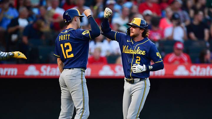 Jul 31, 2026; Anaheim, California, USA; Milwaukee Brewers second baseman Brice Turang (2) is greeted by tshortstop Cooper Pratt (12) after hitting a two run home run against the Los Angeles Angels during the fifth inning at Angel Stadium. Mandatory Credit: Gary A. Vasquez-Imagn Images Jul 31, 2026; Anaheim, California, USA; Milwaukee Brewers second baseman Brice Turang (2) is greeted by tshortstop Cooper Pratt (12) after hitting a two run home run against the Los Angeles Angels during the fifth inning at Angel Stadium. Mandatory Credit: Gary A. Vasquez-Imagn Images