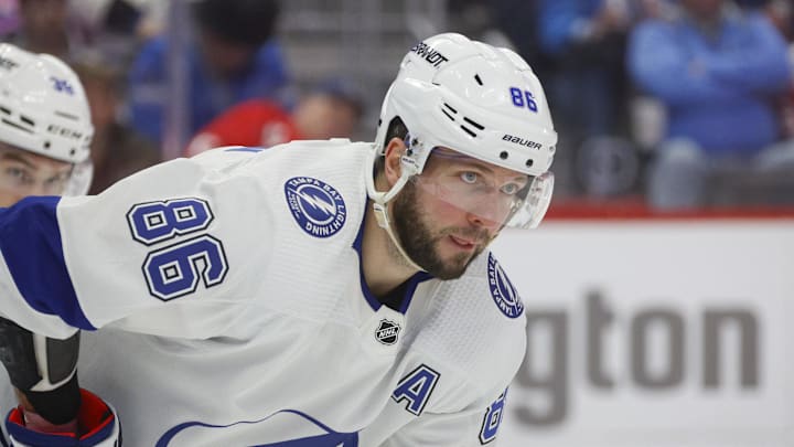 Jan 21, 2024; Detroit, Michigan, USA; Tampa Bay Lightning right wing Nikita Kucherov (86) looks on