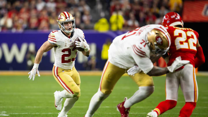 Feb 11, 2024; Paradise, Nevada, USA; San Francisco 49ers running back Christian McCaffrey (23) against the Kansas City Chiefs in Super Bowl LVIII at Allegiant Stadium. Mandatory Credit: Mark J. Rebilas-USA TODAY Sports