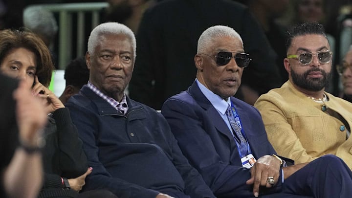 Feb 15, 2025; San Francisco, CA, USA; Former NBA players Oscar Robinson (left) and Julius Erving (right) look on in the three-point contest during All Star Saturday Night ahead of the 2025 NBA All Star Game at Chase Center. Mandatory Credit: Kyle Terada-Imagn Images