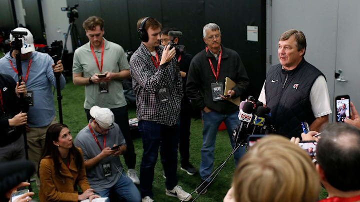 Georgia coach Kirby Smart speak with the media during Georgia football's Pro Day in Athens, Ga., on Wednesday, March 13, 2024. Georgia coach Kirby Smart speak with the media during Georgia football's Pro Day in Athens, Ga., on Wednesday, March 13, 2024.