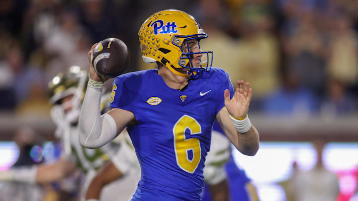 Nov 22, 2025; Atlanta, Georgia, USA; Pittsburgh Panthers quarterback Mason Heintschel (6) throws a pass against the Georgia Tech Yellow Jackets in the second quarter at Bobby Dodd Stadium at Hyundai Field. Mandatory Credit: Brett Davis-Imagn Images Nov 22, 2025; Atlanta, Georgia, USA; Pittsburgh Panthers quarterback Mason Heintschel (6) throws a pass against the Georgia Tech Yellow Jackets in the second quarter at Bobby Dodd Stadium at Hyundai Field. Mandatory Credit: Brett Davis-Imagn Images