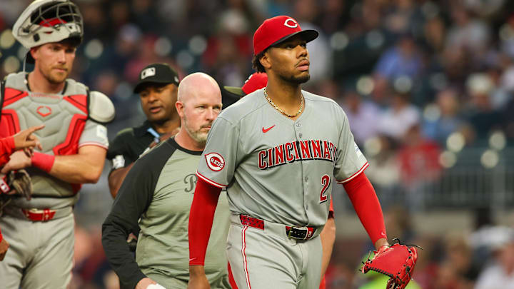 May 7, 2025; Atlanta, Georgia, USA; Cincinnati Reds starting pitcher Hunter Greene (21) leaves the game with an injury against the Atlanta Braves in the fourth inning at Truist Park. Mandatory Credit: Brett Davis-Imagn Images