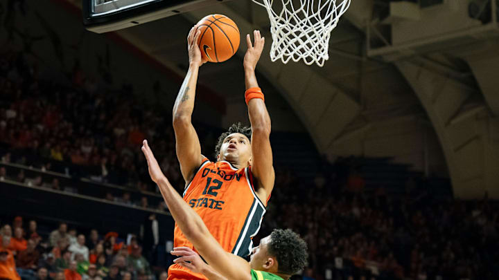 Oregon State forward Michael Rataj goes up for a shot under coverage from Oregon guard Jackson Shelstad as the Oregon State Beavers host the Oregon Ducks Thursday, Nov. 21, 2024 at Gill Coliseum in Corvallis, Ore. Oregon State forward Michael Rataj goes up for a shot under coverage from Oregon guard Jackson Shelstad as the Oregon State Beavers host the Oregon Ducks Thursday, Nov. 21, 2024 at Gill Coliseum in Corvallis, Ore.
