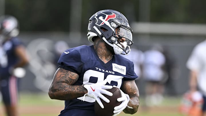 Jun 10, 2025; Houston, TX, USA; Houston Texans tight end Irv Smith Jr. (83) participates in a drill during an NFL football minicamp at NRG Stadium. Mandatory Credit: Maria Lysaker-Imagn Images 