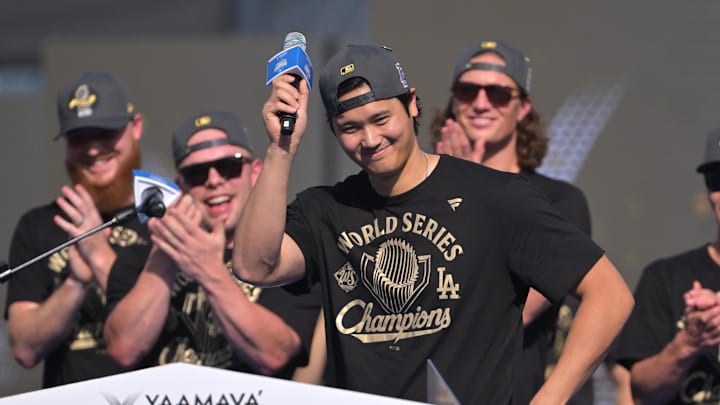 Los Angeles Dodgers designated hitter Shohei Ohtani (17) during the World Series celebration at Dodger Stadium.