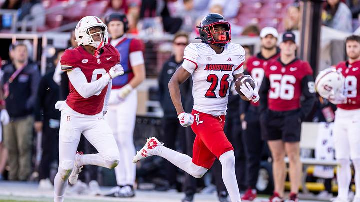 Nov 16, 2024; Stanford, California, USA; Louisville Cardinals running back Duke Watson (26) sprints in for the touchdown during the third quarter against the Stanford Cardinal at Stanford Stadium. Mandatory Credit: Bob Kupbens-Imagn Images Nov 16, 2024; Stanford, California, USA; Louisville Cardinals running back Duke Watson (26) sprints in for the touchdown during the third quarter against the Stanford Cardinal at Stanford Stadium. Mandatory Credit: Bob Kupbens-Imagn Images