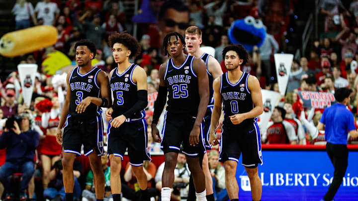 Mar 4, 2024; Raleigh, North Carolina, USA; Duke Blue Devils during the first half against North