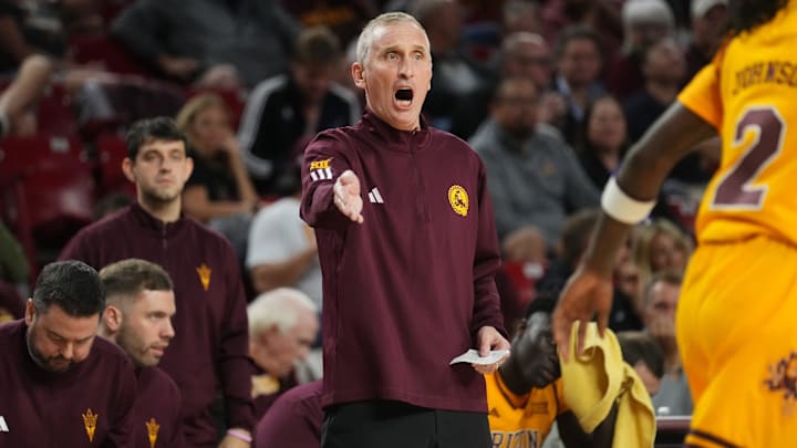 ASU Sun Devils head coach Bobby Hurley yells out to his team as they play the Georgia State Panthers at Desert Financial Arena on Nov. 17, 2025, in Tempe, Arizona.