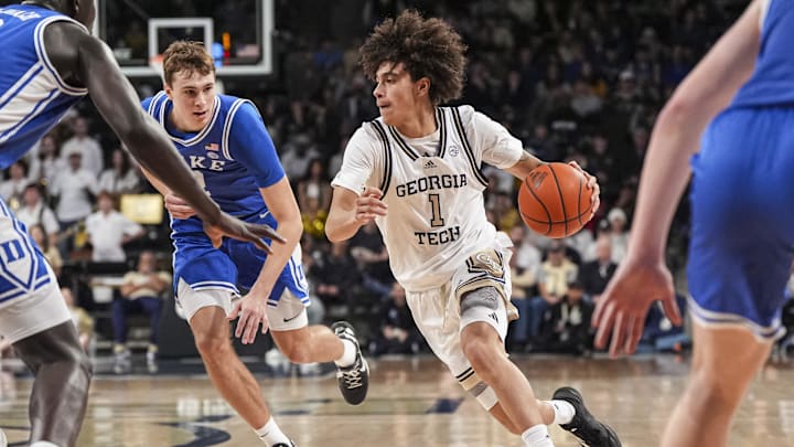 Dec 21, 2024; Atlanta, Georgia, USA; Georgia Tech Yellow Jackets guard Naithan George (1) in action against the Duke Blue Devils at McCamish Pavilion. Mandatory Credit: Dale Zanine-Imagn Images