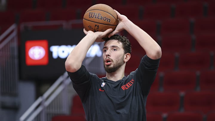 Nov 15, 2024; Houston, Texas, USA; Houston Rockets center Alperen Sengun (28) warms up before the game against the Los Angeles Clippers at Toyota Center. Mandatory Credit: Troy Taormina-Imagn Images Nov 15, 2024; Houston, Texas, USA; Houston Rockets center Alperen Sengun (28) warms up before the game against the Los Angeles Clippers at Toyota Center. Mandatory Credit: Troy Taormina-Imagn Images