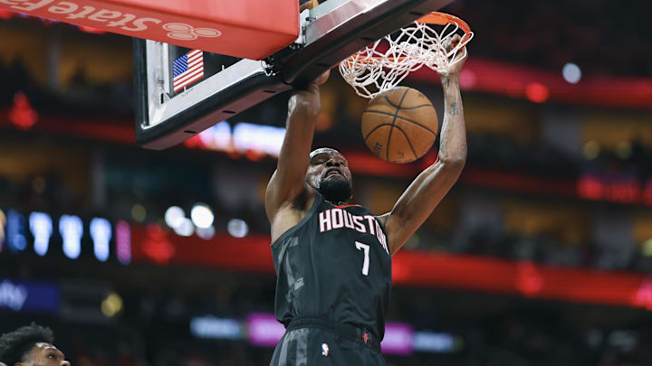 Nov 21, 2025; Houston, Texas, USA; Houston Rockets forward Kevin Durant (7) dunks the ball during the first quarter against the Denver Nuggets at Toyota Center. Mandatory Credit: Troy Taormina-Imagn Images