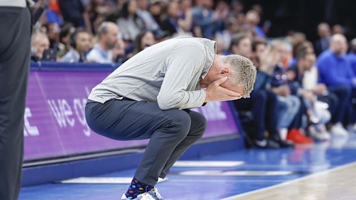 Golden State Warriors head coach Steve Kerr reacts after a play against the Oklahoma City Thunder during the second half at Paycom Center. 