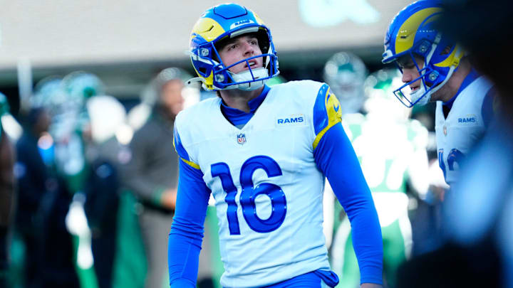 Los Angeles Rams place kicker Joshua Karty (16) reacts after missing the extra point in the second quarter, Sunday, December 22, 2024, in East Rutherford. Los Angeles Rams place kicker Joshua Karty (16) reacts after missing the extra point in the second quarter, Sunday, December 22, 2024, in East Rutherford.