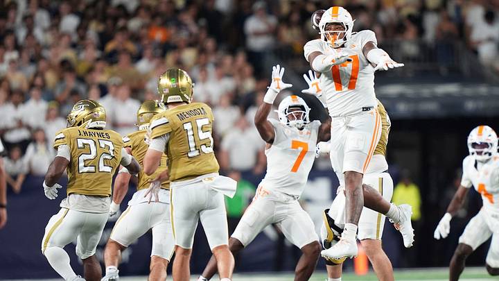 Tennessee defensive lineman Ethan Utley (17) swats at a pass by Georgia Tech quarterback Alberto Mendoza (15) during a college football game between Tennessee and Georgia Tech at Bobby Dodd Stadium in Atlanta, Ga., on Sept. 12, 2026. Tennessee defensive lineman Ethan Utley (17) swats at a pass by Georgia Tech quarterback Alberto Mendoza (15) during a college football game between Tennessee and Georgia Tech at Bobby Dodd Stadium in Atlanta, Ga., on Sept. 12, 2026.