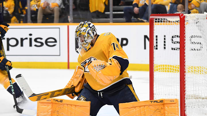Jan 2, 2024; Nashville, Tennessee, USA; Nashville Predators goaltender Juuse Saros (74) makes a save