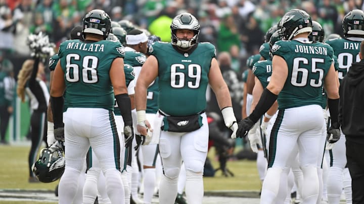 Philadelphia Eagles guard Landon Dickerson (69) during the player introductions against the Washington Commanders in the NFC Championship game at Lincoln Financial Field.