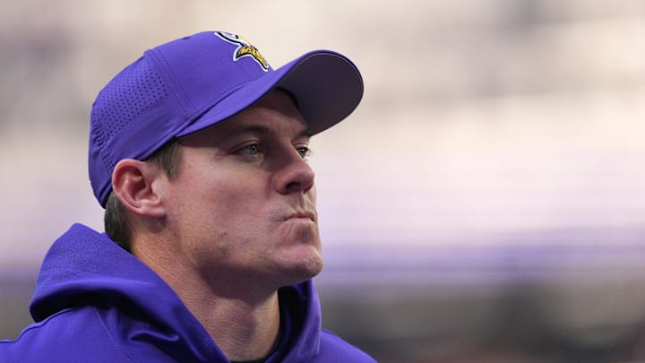 Dec 7, 2025; Minneapolis, Minnesota, USA; Minnesota Vikings head coach Kevin O'Connell during the first half at U.S. Bank Stadium. Mandatory Credit: Brad Rempel-Imagn Images