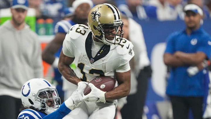 Indianapolis Colts cornerback Tony Brown (38) can   t hang onto New Orleans Saints wide receiver