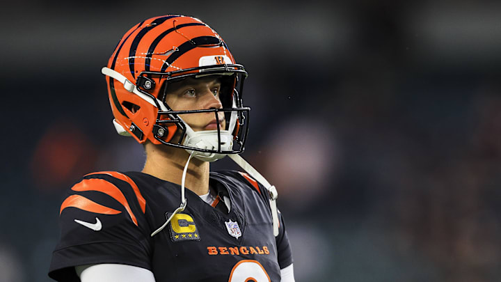 Sep 23, 2024; Cincinnati, Ohio, USA; Cincinnati Bengals quarterback Joe Burrow (9) stands on the field during warmups before the game against the Washington Commanders at Paycor Stadium. Mandatory Credit: Katie Stratman-Imagn Images